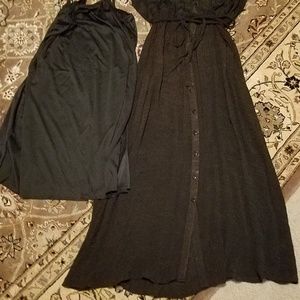 Long, black, sleeveless shirt dress with camisole.